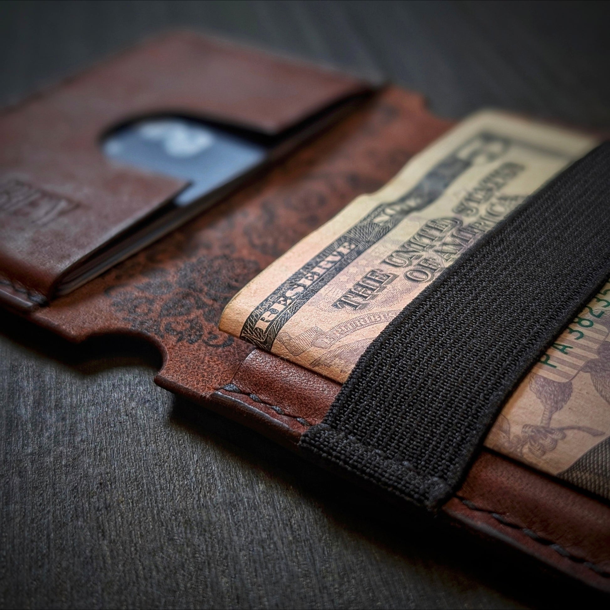 Macro shot of burnished edges and slim profile pocket design on The Scoundrel Tobacco leather wallet.