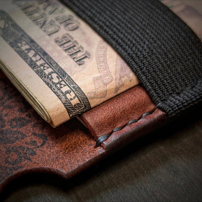 Macro texture shot of high-end Tobacco pull-up leather on the handcrafted Scoundrel everyday carry wallet.