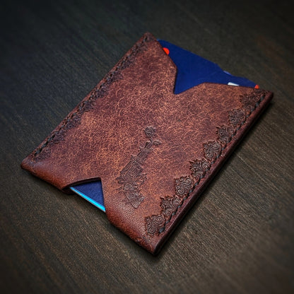 El Rey Leather Deadbeat minimalist leather wallet in tobacco featuring hand-stitching and stamped borders.
