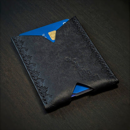 El Rey Leather Deadbeat minimalist leather wallet in black featuring hand-stitching and stamped borders.