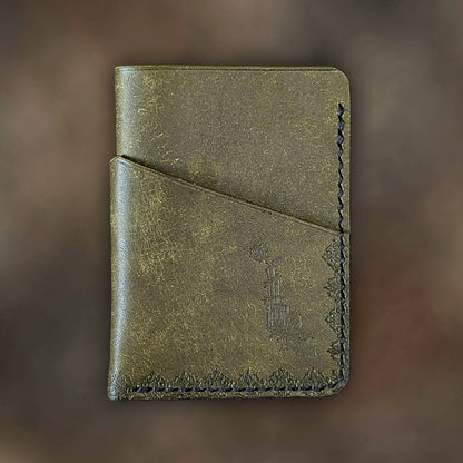 The Traitor wallet in Olive Italian Pueblo leather with an embossed design by EL REY LEATHER.