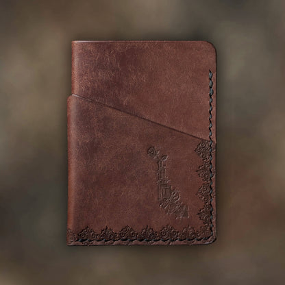 The Traitor wallet in Tobacco Italian Pueblo leather with an embossed design by EL REY LEATHER.