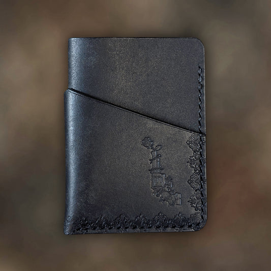 The Traitor wallet in Black Italian Pueblo leather with an embossed design by EL REY LEATHER.