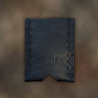 Back view of The Deadbeat EDC cardholder showcasing rugged construction and premium black leather grain.