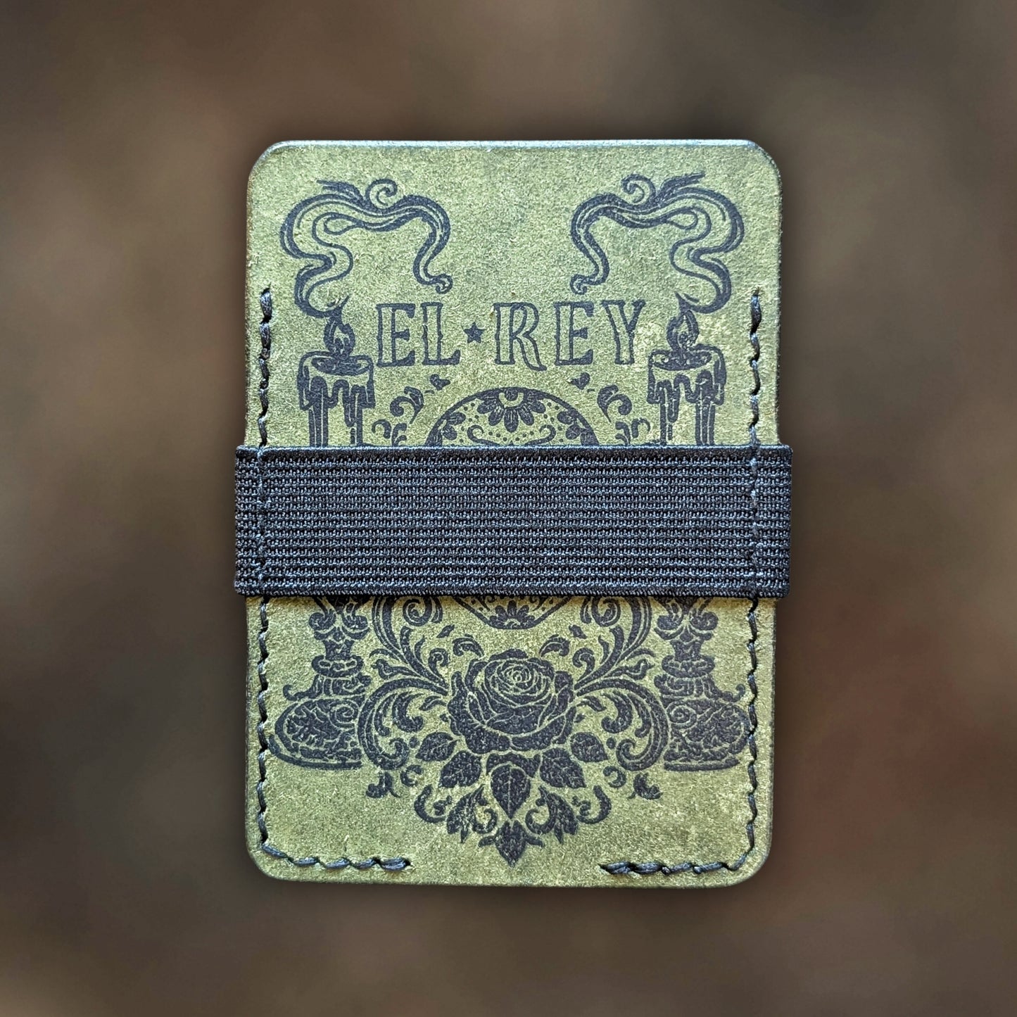 Back view of The Melee EDC cardholder showcasing rugged construction and premium Olive leather grain.