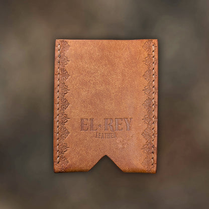Back view of The Deadbeat EDC cardholder showcasing rugged construction and premium cognac leather grain.