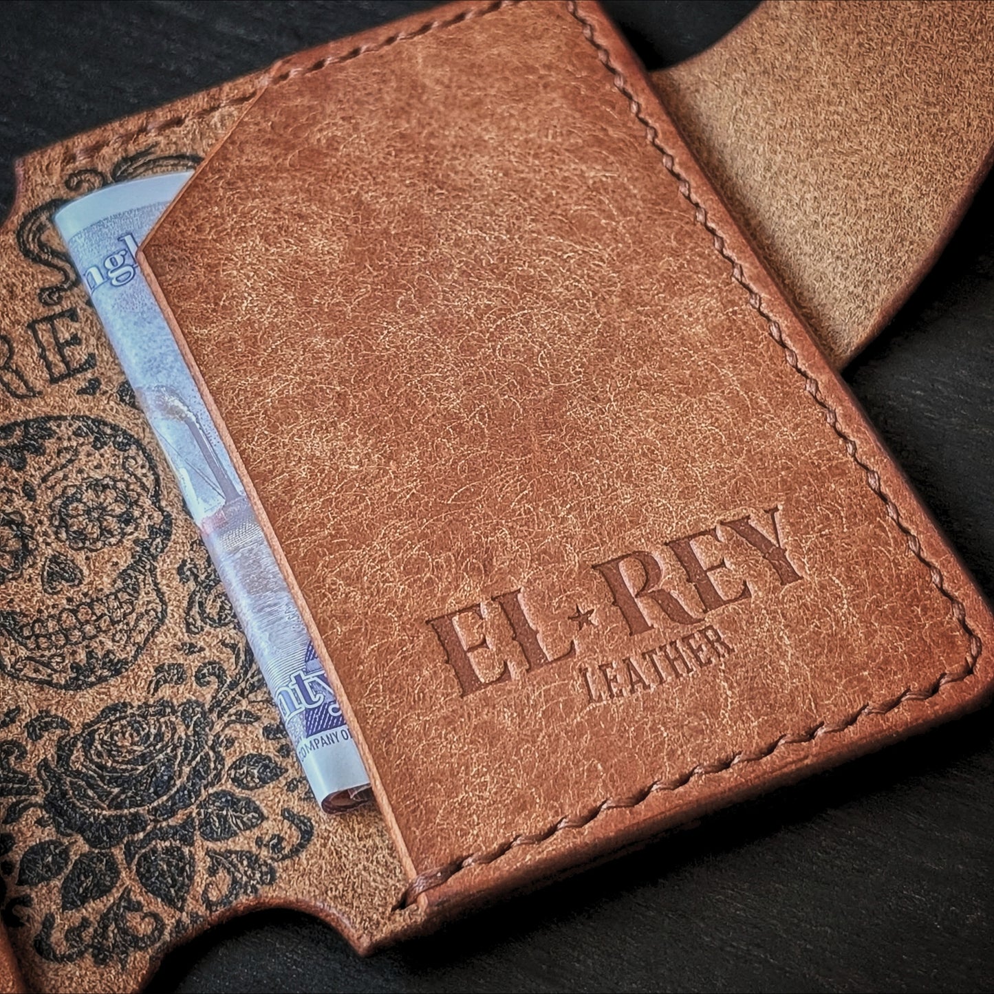 Internal pocket view of The Lowlife slim cash and card organizer in premium cognac leather.