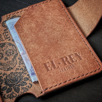 Internal pocket view of The Lowlife slim cash and card organizer in premium cognac leather.