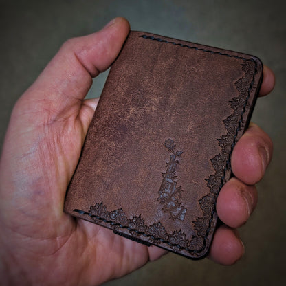 The Scoundrel wallet in Tobacco Italian Pueblo leather with an embossed design by EL REY LEATHER.
