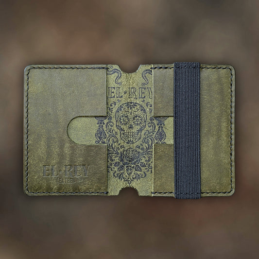 The Scoundrel wallet in Olive Italian Pueblo leather with an embossed design by EL REY LEATHER.