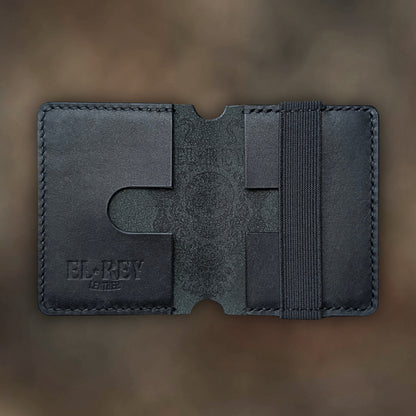 The Scoundrel wallet in Black Italian Pueblo leather with an embossed design by EL REY LEATHER.