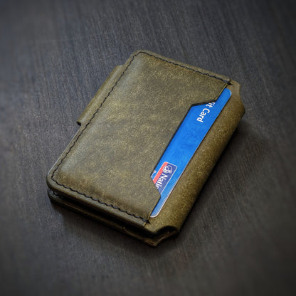 Back view of The Lowlife EDC wallet showcasing back card slot and olive leather grain.