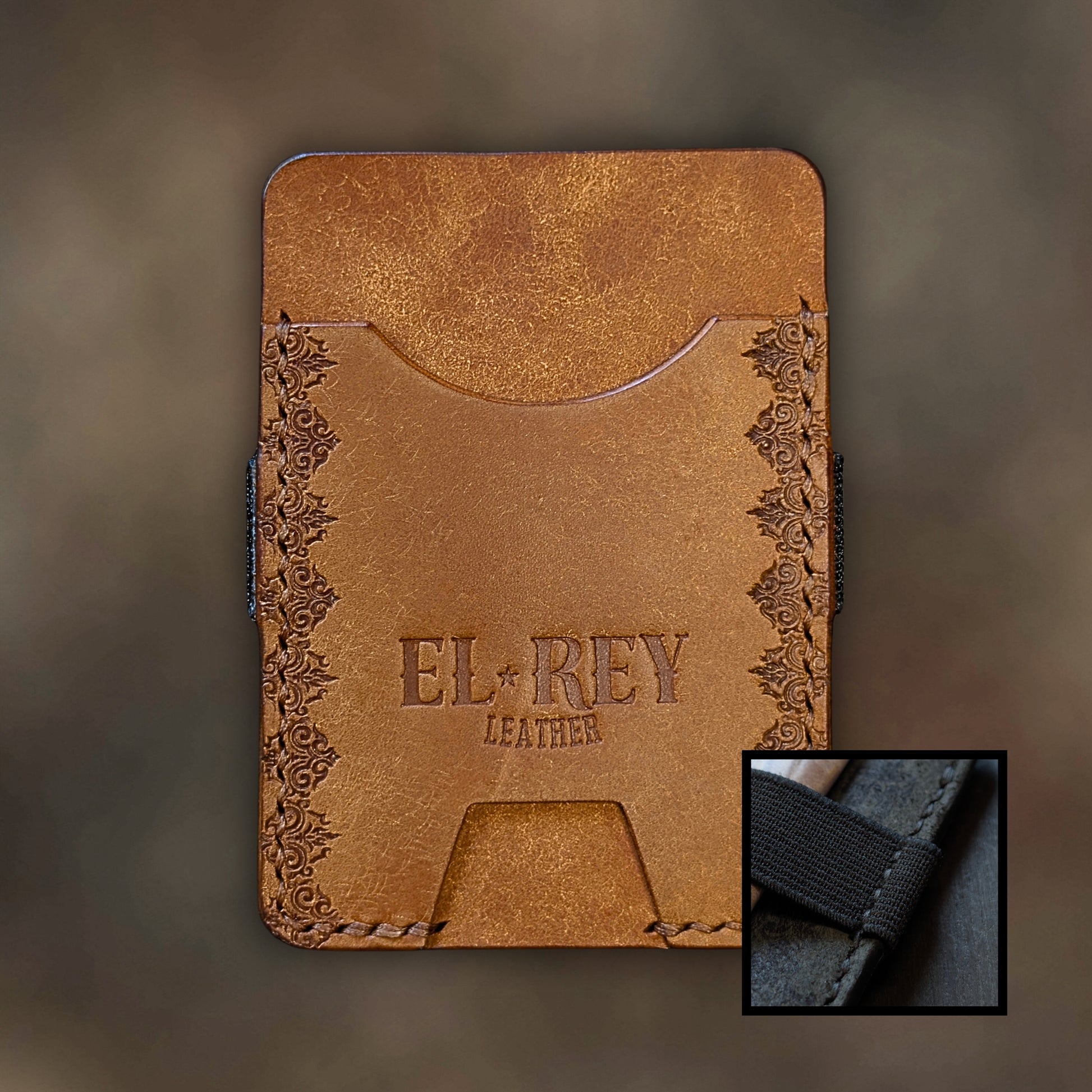 The Melee minimalist wallet in Cognac leather with hand-struck embossed design by EL REY LEATHER.