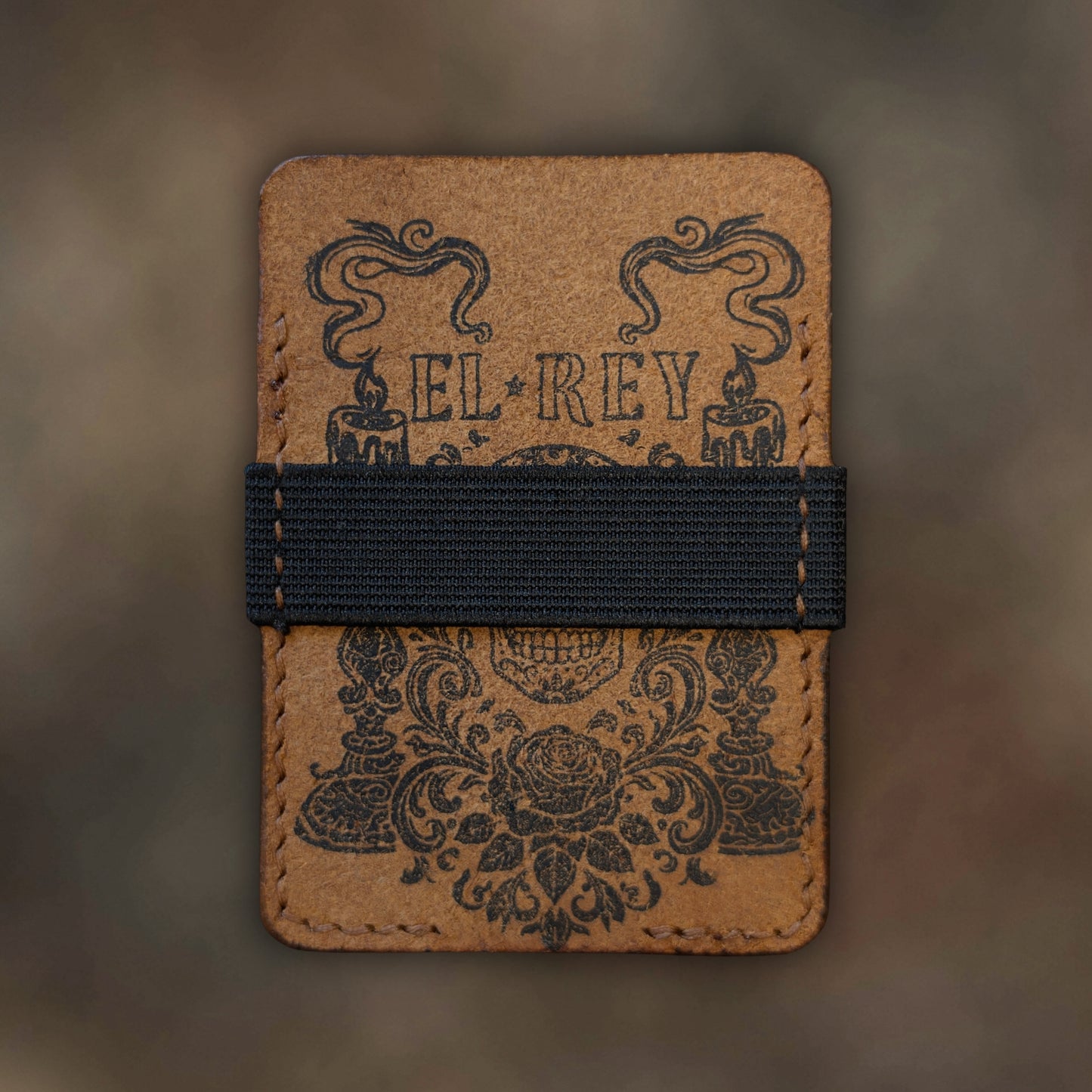Back view of The Melee EDC cardholder showcasing rugged construction and premium Cognac leather grain.