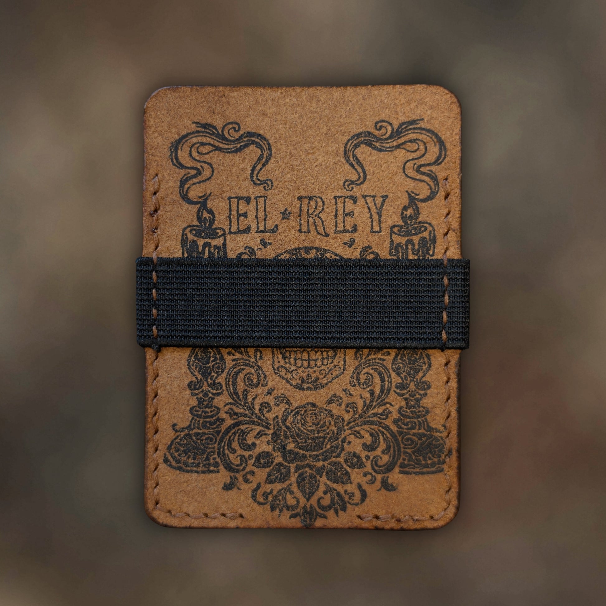 Back view of The Melee EDC cardholder showcasing rugged construction and premium Cognac leather grain.