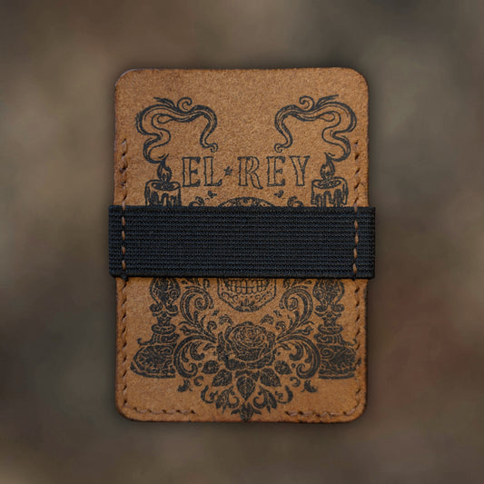 Back view of The Melee EDC cardholder showcasing rugged construction and premium Cognac leather grain.
