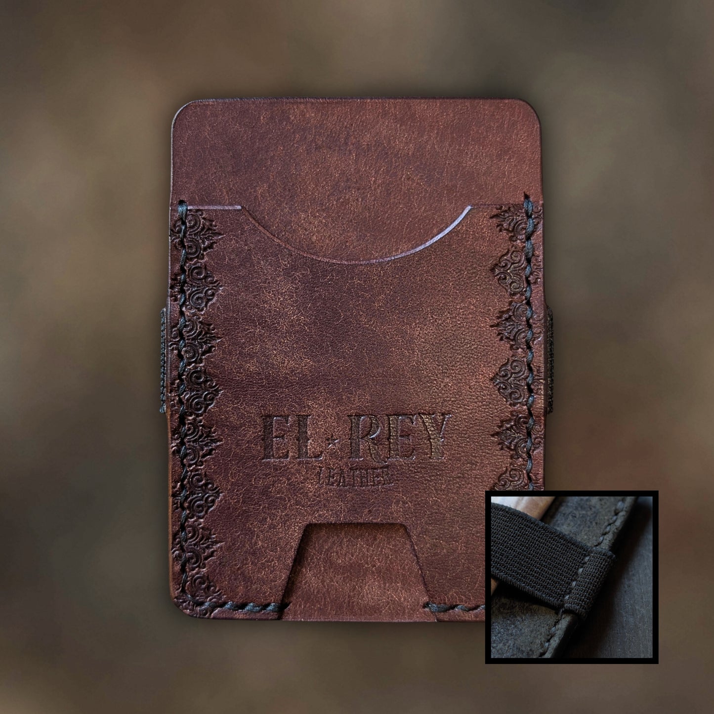 The Melee minimalist wallet in Tobacco leather with hand-struck embossed design by EL REY LEATHER.