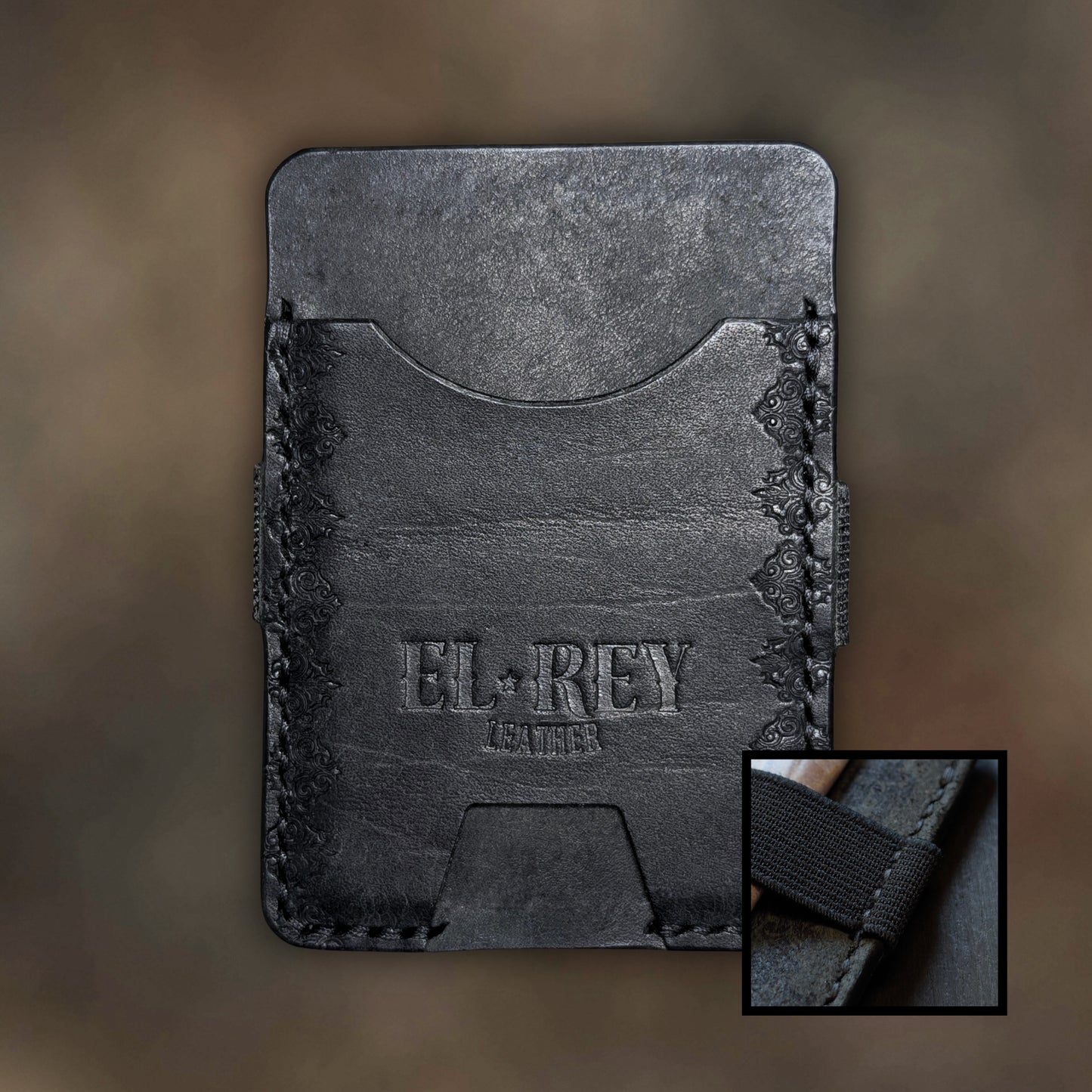 The Melee minimalist wallet in Black leather with hand-struck embossed design by EL REY LEATHER.