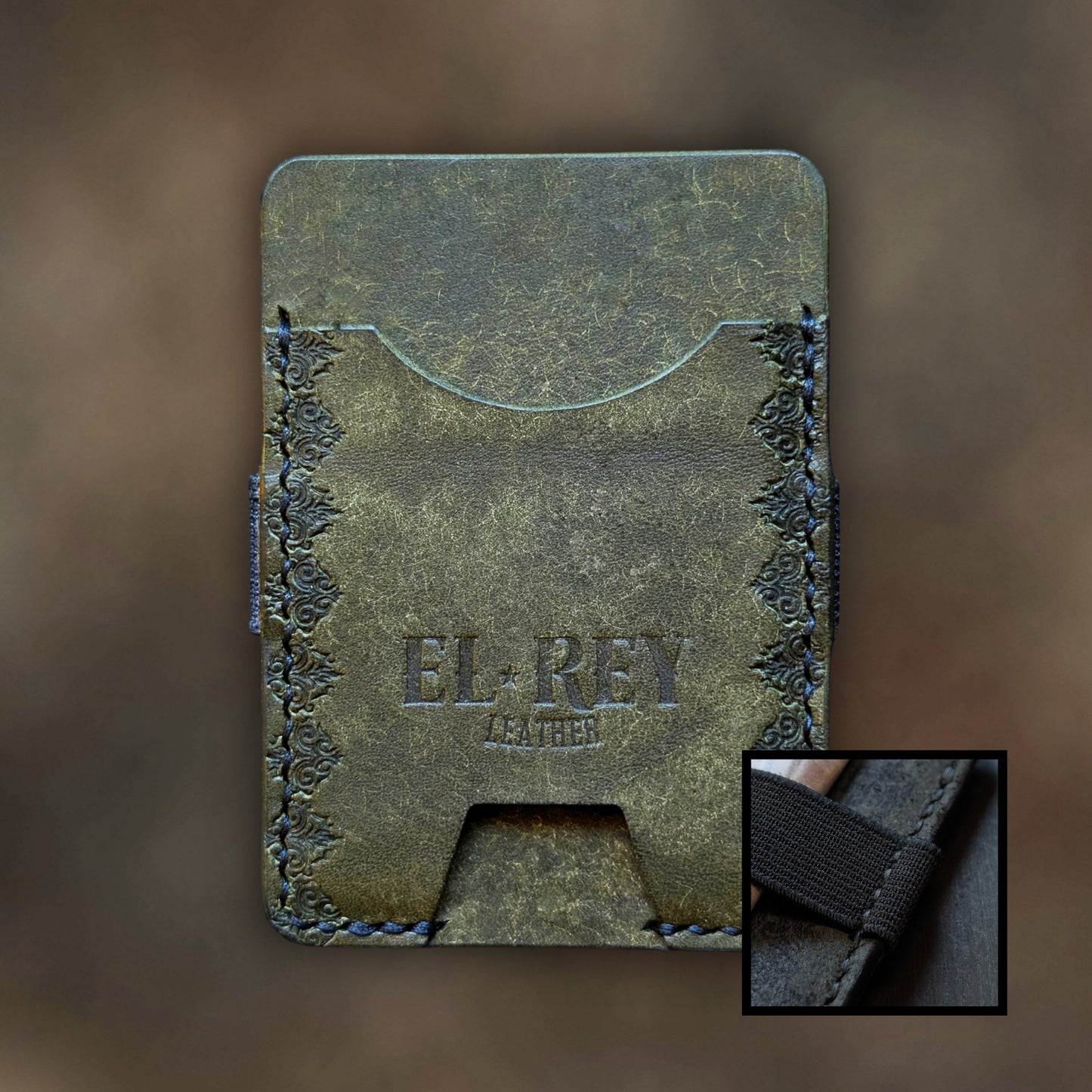 The Melee minimalist wallet in Olive leather with hand-struck embossed design by EL REY LEATHER.