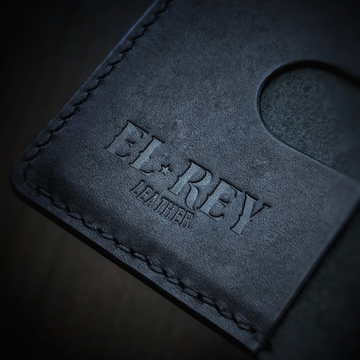 El Rey Leather Scoundrel in Black leather, featuring the debossed logo and saddle stitching.