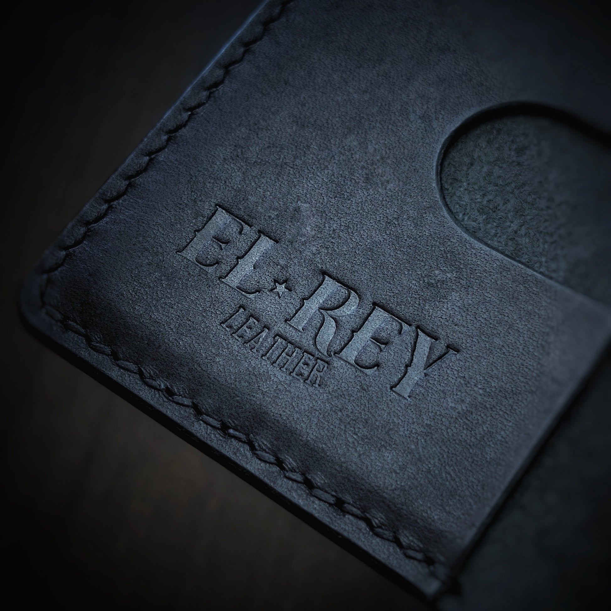El Rey Leather Scoundrel in Black leather, featuring the debossed logo and saddle stitching.