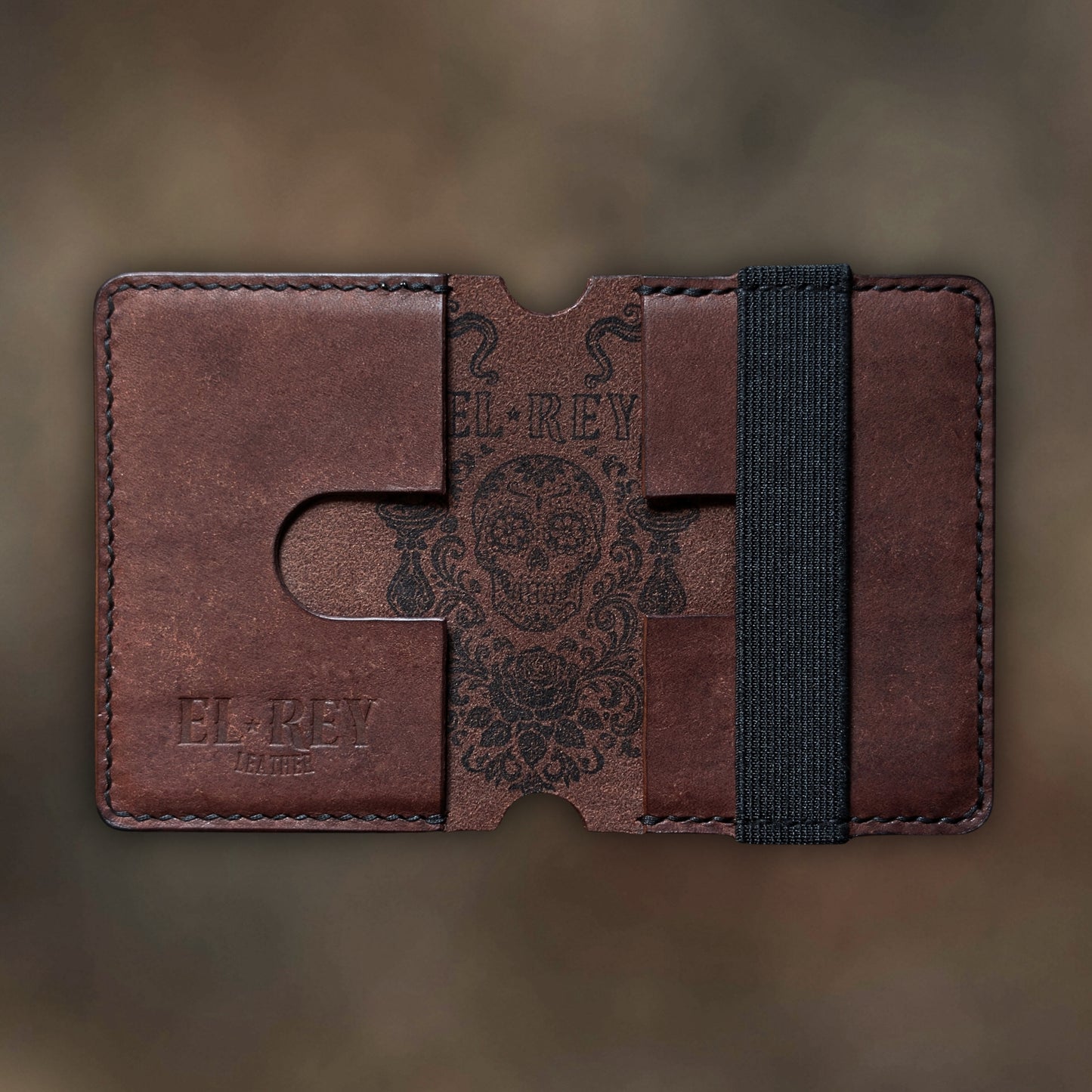 Scoundrel minimalist wallet in Tobacco leather with hand-struck embossed design by EL REY LEATHER.